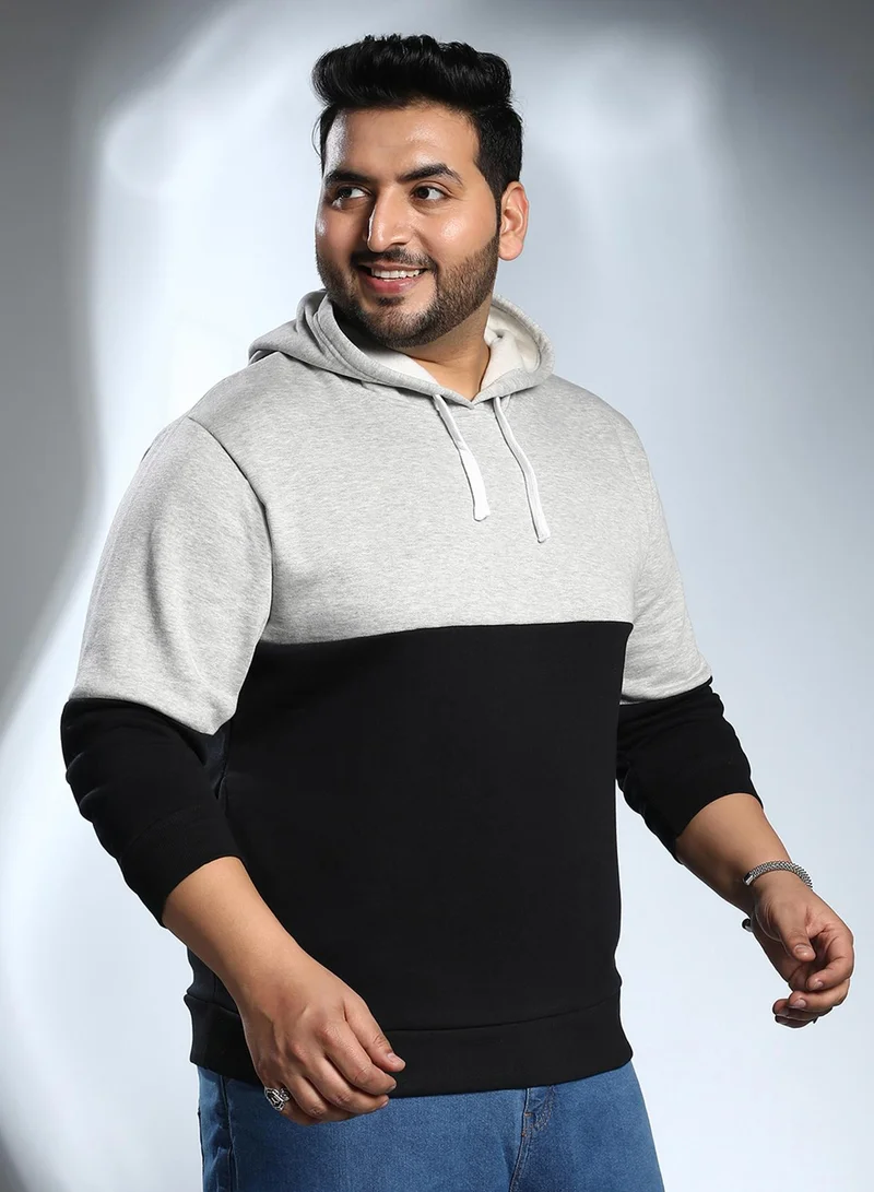 Instafab Plus Instafab Plus Men's Black & Grey Contrast Panel Pullover Hoodie For Casual Wear | Hooded Neck | Long Cuffed Sleeves | Pull On Closure | Plus Size Sweatshirt Crafted With Comfort Fit For Everyday Wear
