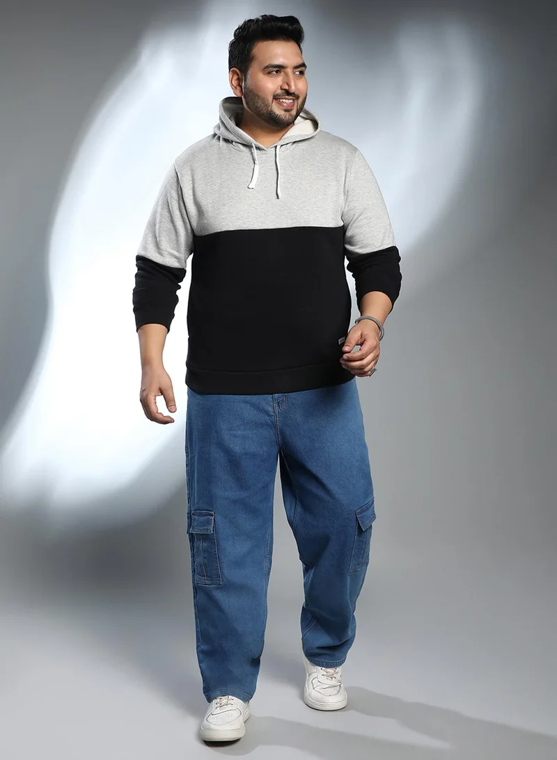 Instafab Plus Instafab Plus Men's Black & Grey Contrast Panel Pullover Hoodie For Casual Wear | Hooded Neck | Long Cuffed Sleeves | Pull On Closure | Plus Size Sweatshirt Crafted With Comfort Fit For Everyday Wear