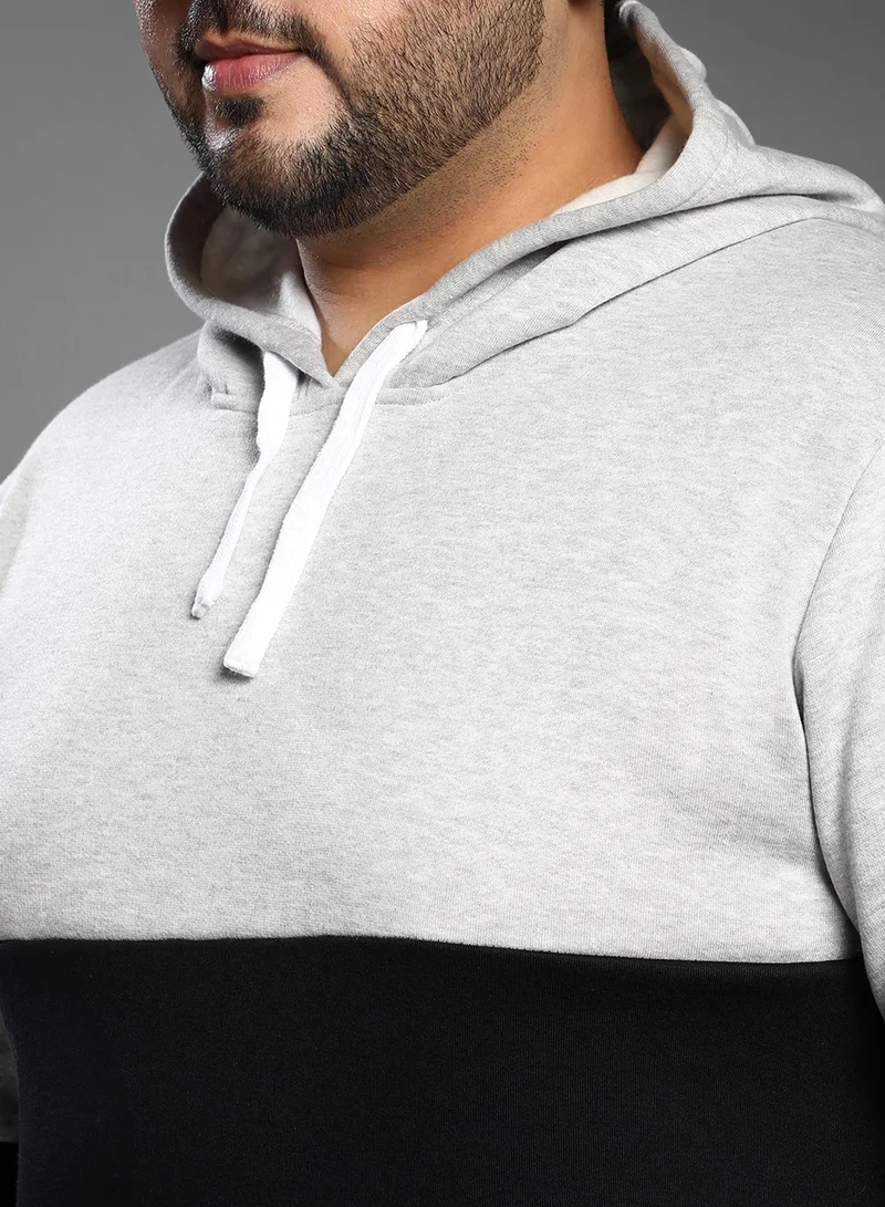 Instafab Plus Instafab Plus Men's Black & Grey Contrast Panel Pullover Hoodie For Casual Wear | Hooded Neck | Long Cuffed Sleeves | Pull On Closure | Plus Size Sweatshirt Crafted With Comfort Fit For Everyday Wear