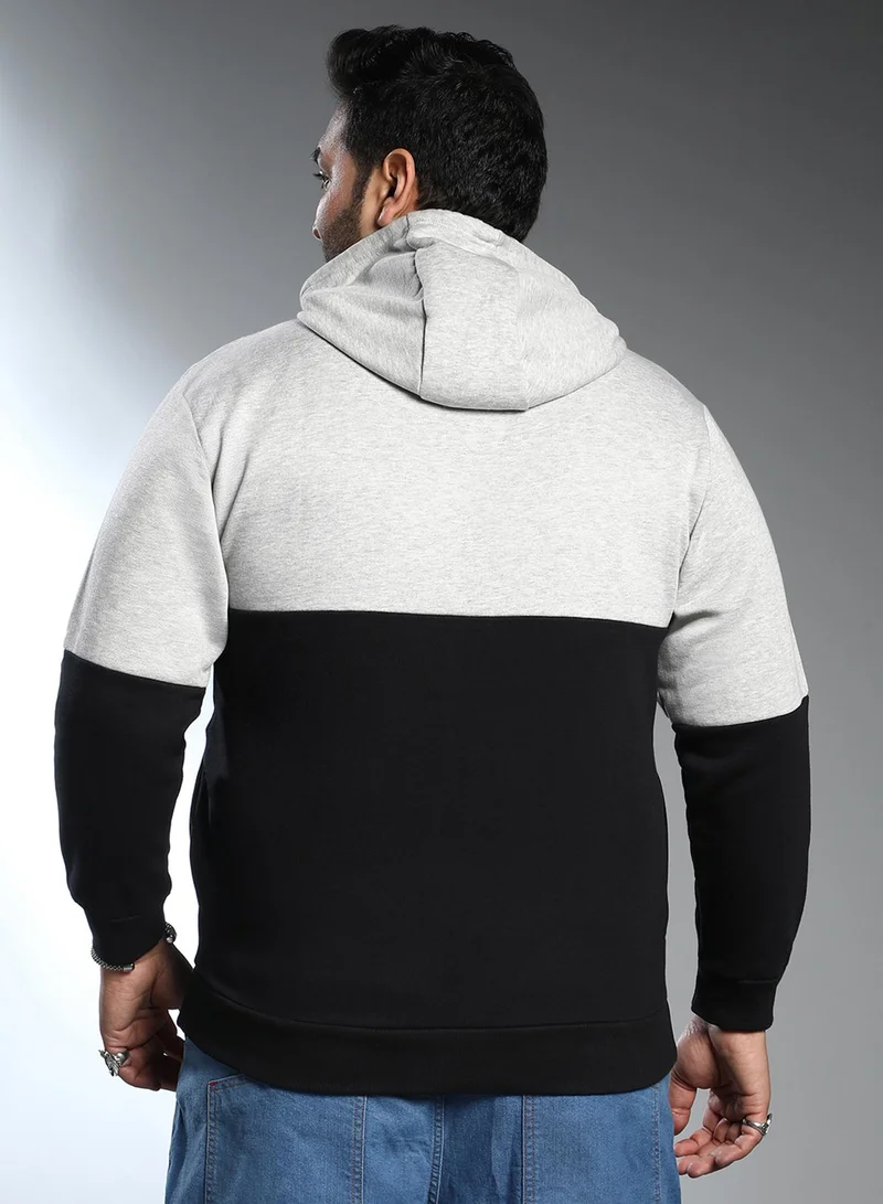 Instafab Plus Instafab Plus Men's Black & Grey Contrast Panel Pullover Hoodie For Casual Wear | Hooded Neck | Long Cuffed Sleeves | Pull On Closure | Plus Size Sweatshirt Crafted With Comfort Fit For Everyday Wear