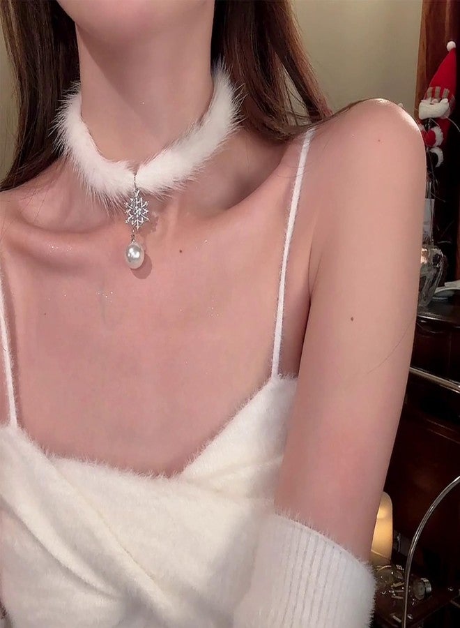MIFYNN Snowflake Choker Necklace for Women Christmas Necklace Fluffy Pom Pom Necklace Snowflake Pearl Pendant Necklace Winter Christmas Jewelry - Image 3