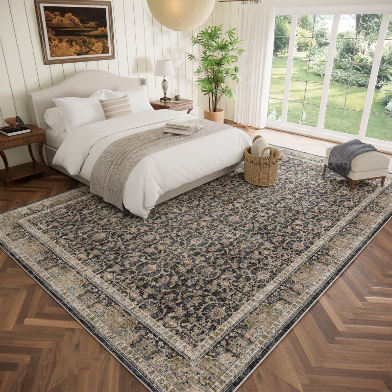 Hedwior Washable 10x14 Area Rugs for Living Room, Boho Non-Slip Vintage Distress Large Rugs for Bedroom Dining Room Office, 0.3" Neutral Oriental Throw Thin Carpet, Black/Brown/Blue/Multi - Image 2