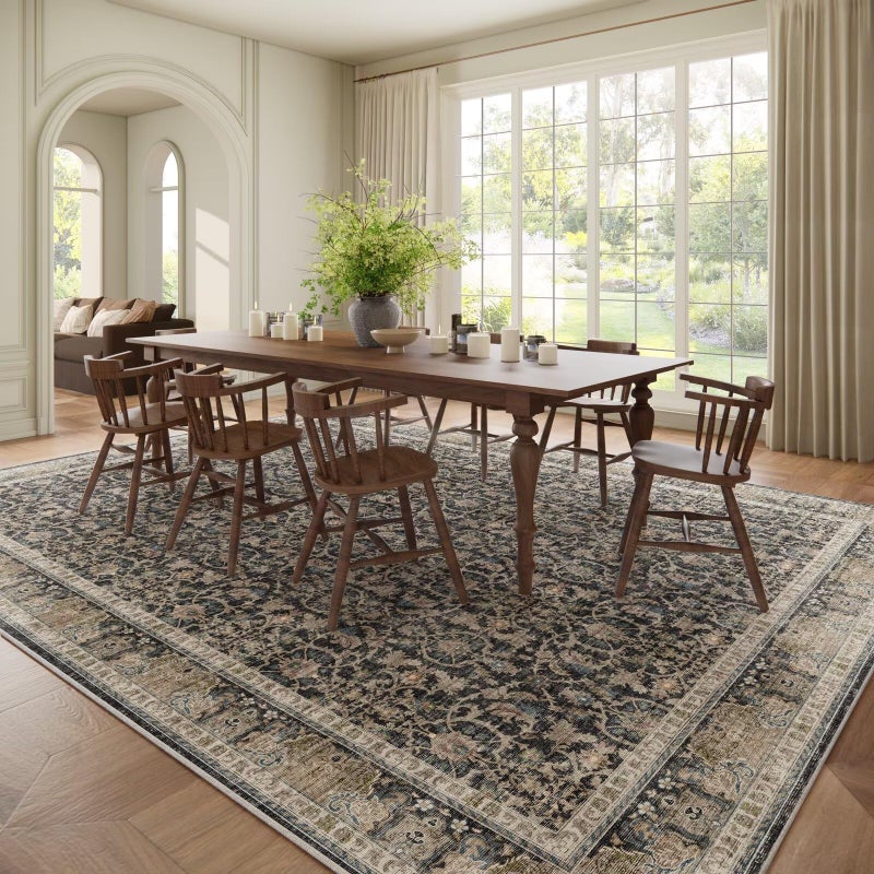 Hedwior Washable 10x14 Area Rugs for Living Room, Boho Non-Slip Vintage Distress Large Rugs for Bedroom Dining Room Office, 0.3" Neutral Oriental Throw Thin Carpet, Black/Brown/Blue/Multi - Image 3