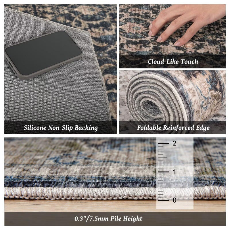 Hedwior Washable 10x14 Area Rugs for Living Room, Boho Non-Slip Vintage Distress Large Rugs for Bedroom Dining Room Office, 0.3" Neutral Oriental Throw Thin Carpet, Black/Brown/Blue/Multi - Image 5