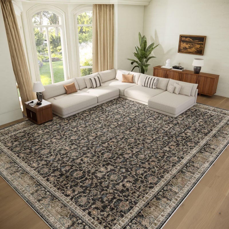 Hedwior Washable 10x14 Area Rugs for Living Room, Boho Non-Slip Vintage Distress Large Rugs for Bedroom Dining Room Office, 0.3" Neutral Oriental Throw Thin Carpet, Black/Brown/Blue/Multi - Image 1