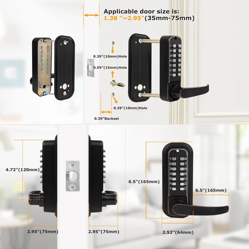 Soobool New Upgrade Double Sided Keypad Door Lock with Adjustable Deadlatch 2-3/8'' and 2-3/4'', Keyless Door Lock with Handle, Gate Lock for Outdoor Fences (Black Gold) - Image 4