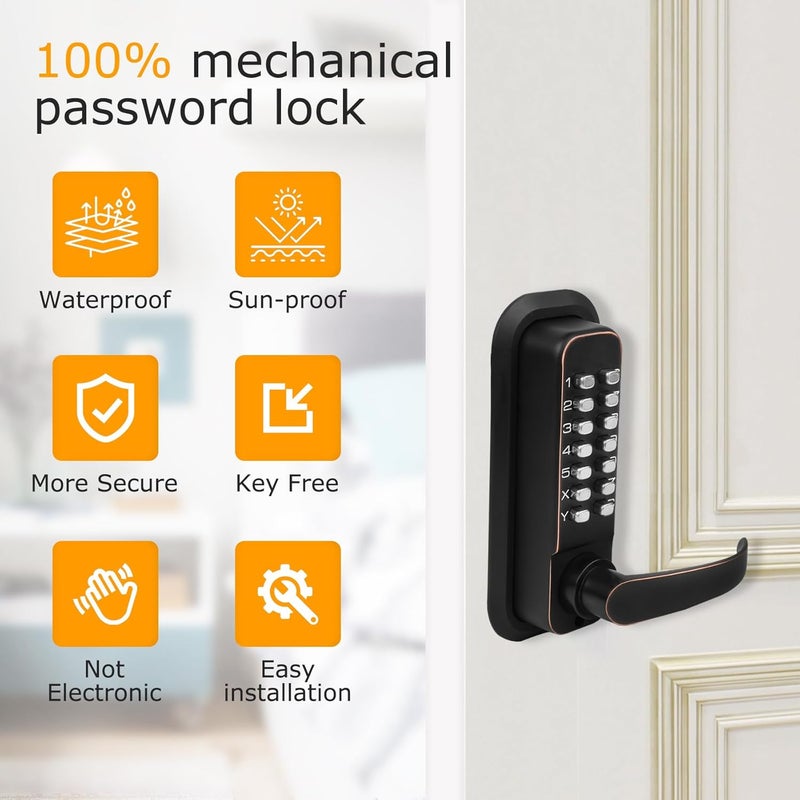 Soobool New Upgrade Double Sided Keypad Door Lock with Adjustable Deadlatch 2-3/8'' and 2-3/4'', Keyless Door Lock with Handle, Gate Lock for Outdoor Fences (Black Gold) - Image 2