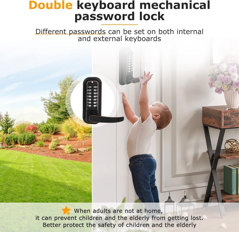 Soobool New Upgrade Double Sided Keypad Door Lock with Adjustable Deadlatch 2-3/8'' and 2-3/4'', Keyless Door Lock with Handle, Gate Lock for Outdoor Fences (Black Gold) - Image 3