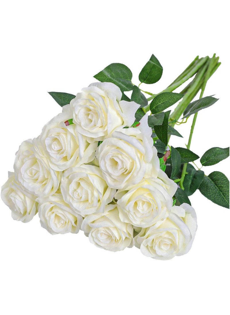 HOME ZONE Artificial Silk Rose Flower Bouquet Lifelike Fake Rose for Wedding Home Party Decoration Event Gift 10pcs (Off White) - Image 1