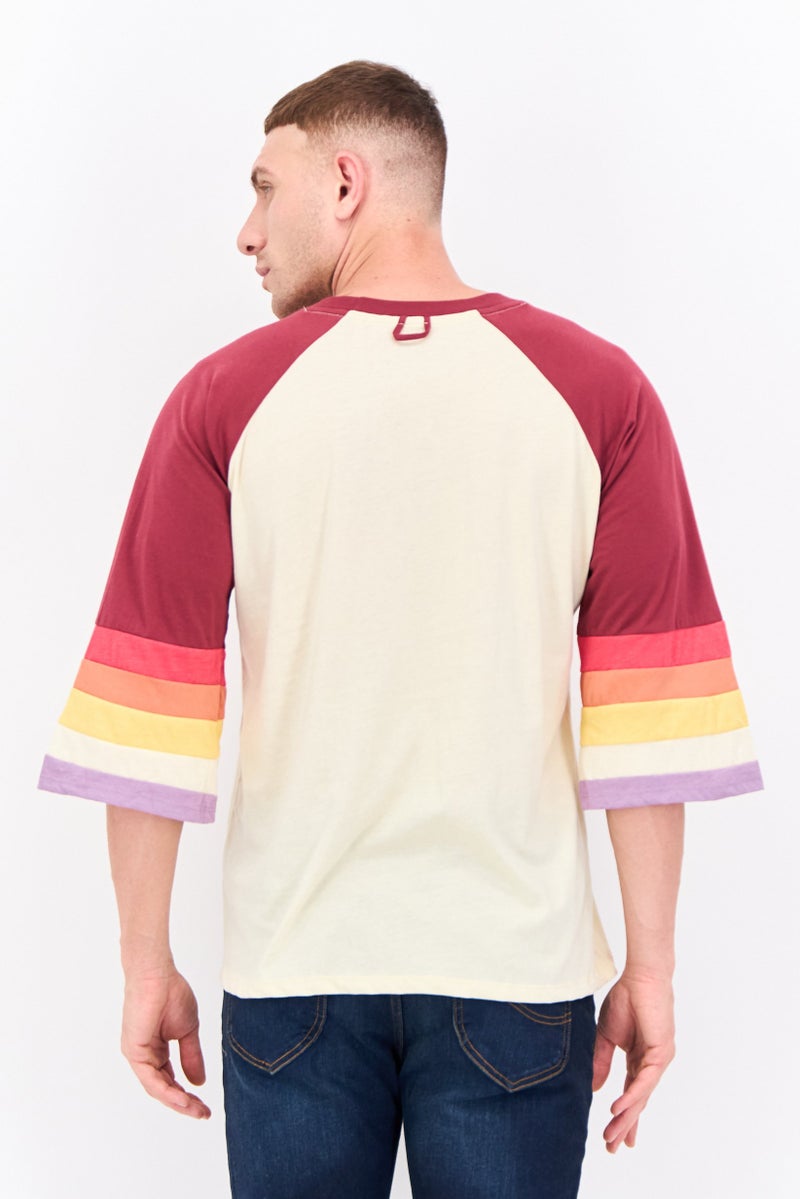 Feat Men Crew Neck 3/4 Sleeves Graphic Printed T-Shirt, Beige - Image 3