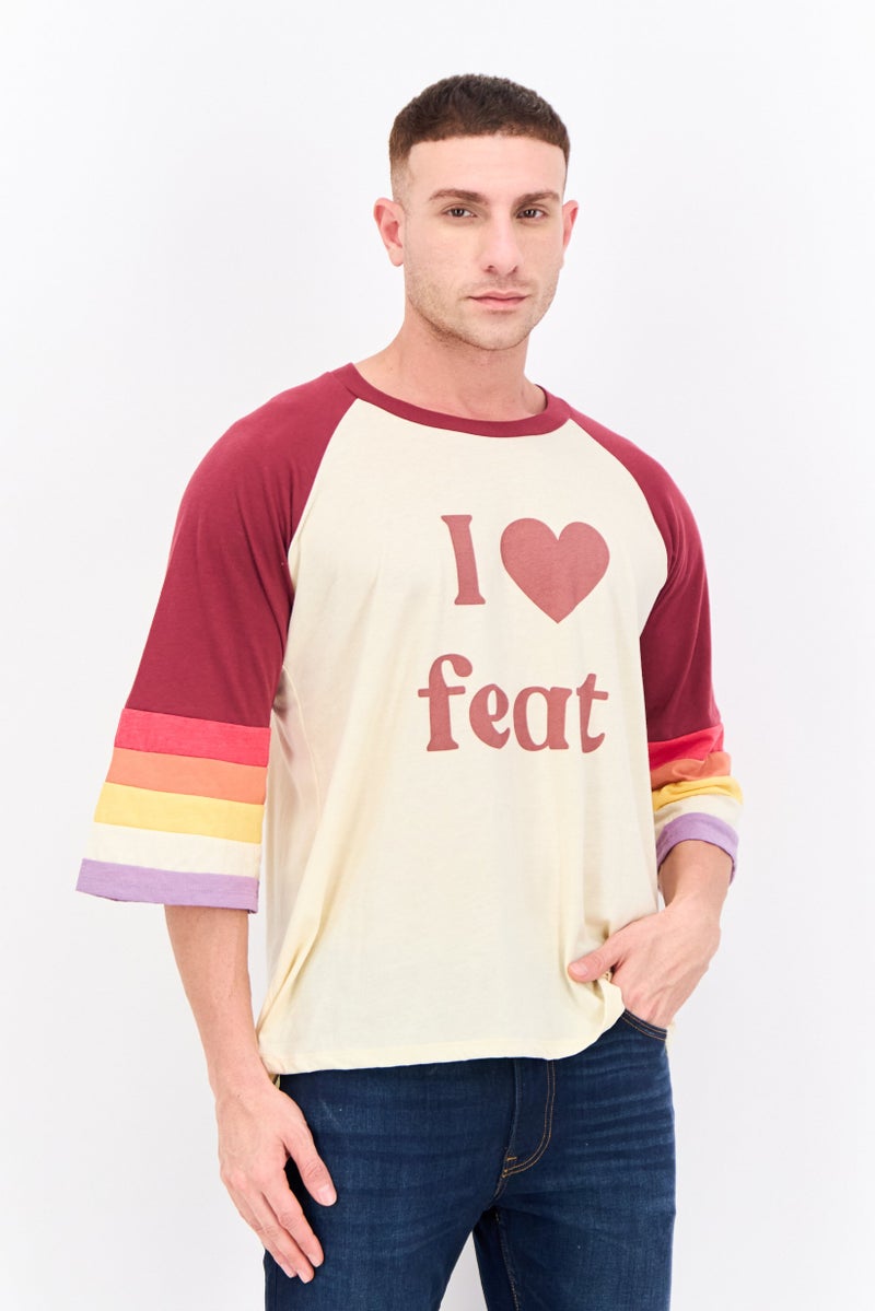 Feat Men Crew Neck 3/4 Sleeves Graphic Printed T-Shirt, Beige - Image 1