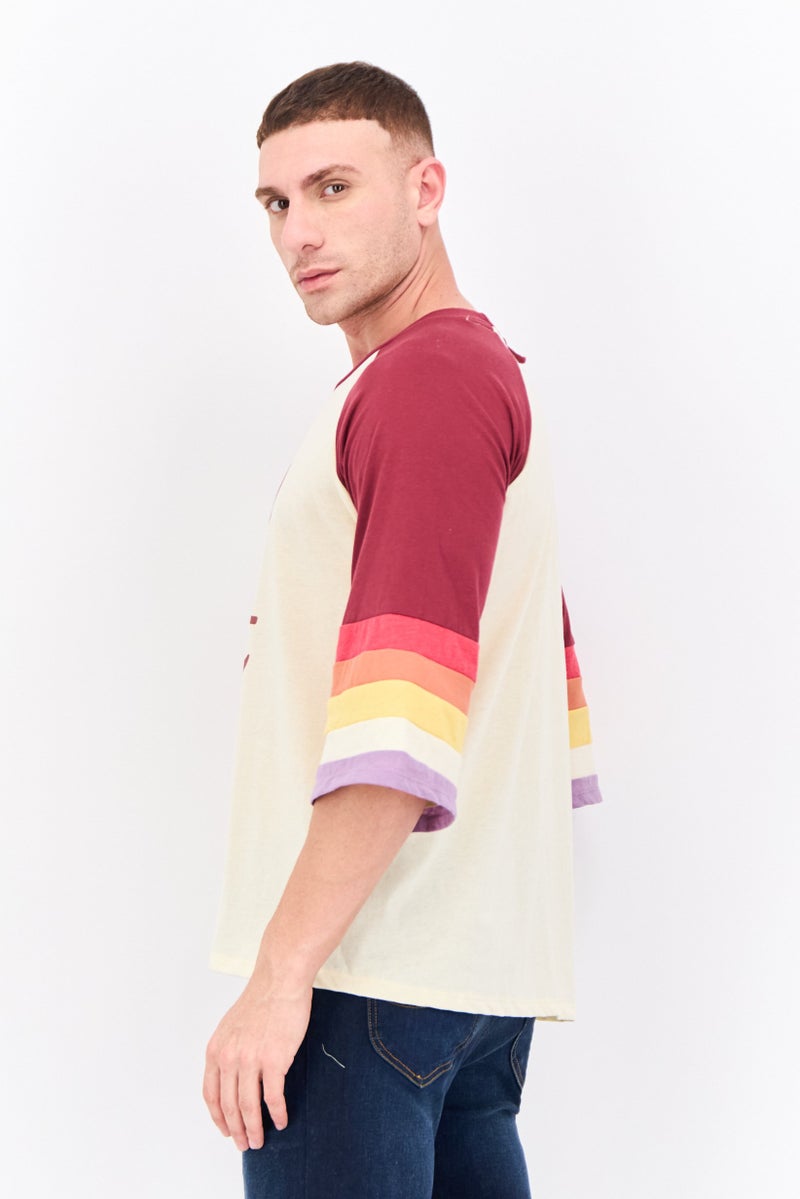 Feat Men Crew Neck 3/4 Sleeves Graphic Printed T-Shirt, Beige - Image 2