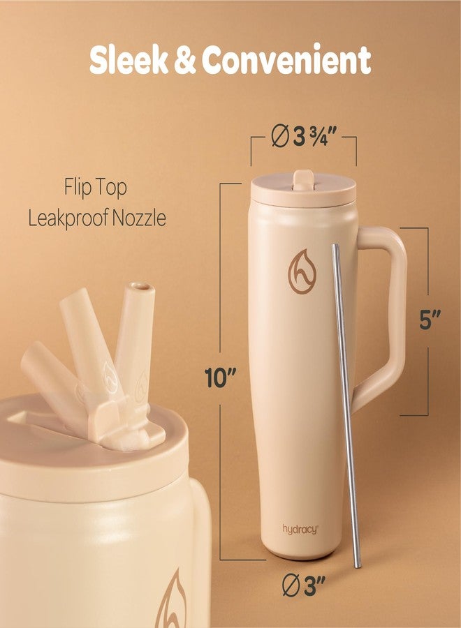 Hydracy Soulmate 1.18L Tumbler with Handle and Flip Straw - 100% Leakproof Insulated Water Bottle, Stainless Steel Tumbler with Non-Slip Rubber Base - Cupholder Friendly Travel Mug - Cafe Creme - Image 3