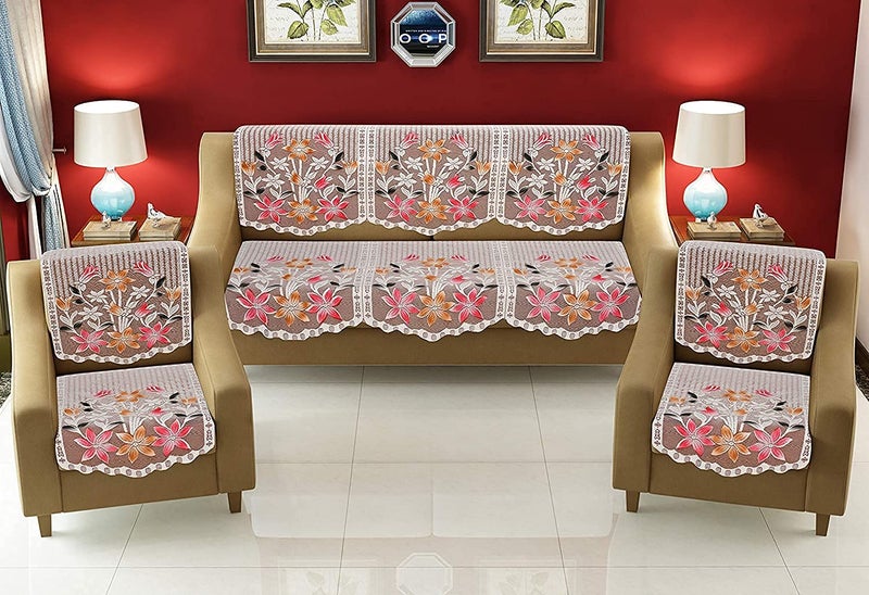 HOMECROWN Net Fabric Floral Design 5 Seater Sofa Cover Beautiful Cotton Sofa Cover 3 Seater and 2 seaters Brown 69 x 178 cm - Image 1