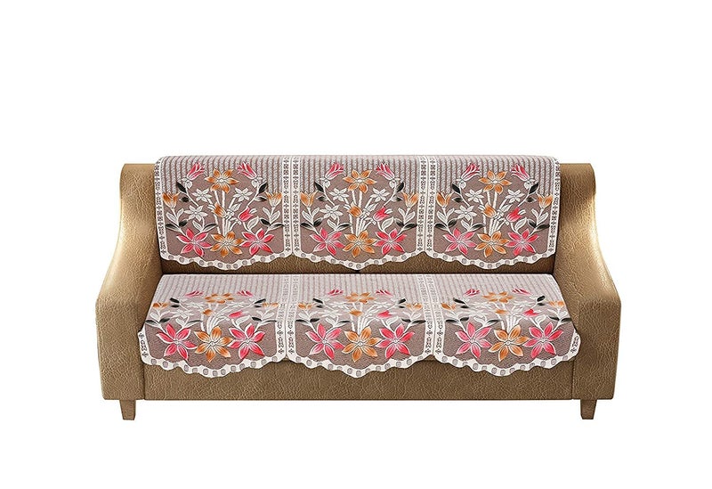 HOMECROWN Net Fabric Floral Design 5 Seater Sofa Cover Beautiful Cotton Sofa Cover 3 Seater and 2 seaters Brown 69 x 178 cm - Image 4