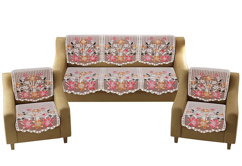 HOMECROWN Net Fabric Floral Design 5 Seater Sofa Cover Beautiful Cotton Sofa Cover 3 Seater and 2 seaters Brown 69 x 178 cm - Image 2