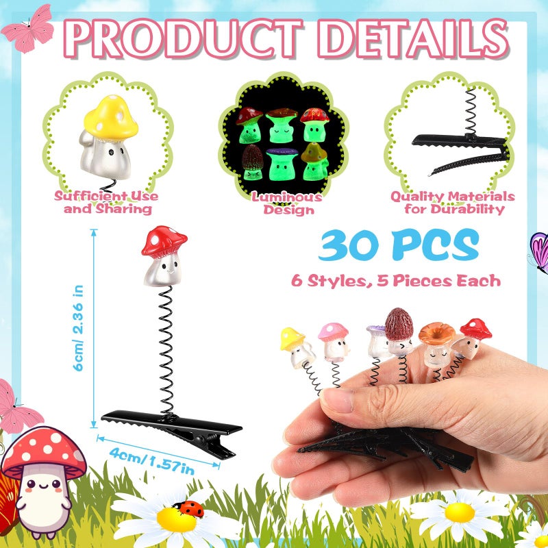 Luinabio 30 Pcs Mini Glow Hair Clips Rave Hair Clips for Women Carnival Music Festival Holiday Party Supplies (Funny Mushroom) - Image 2