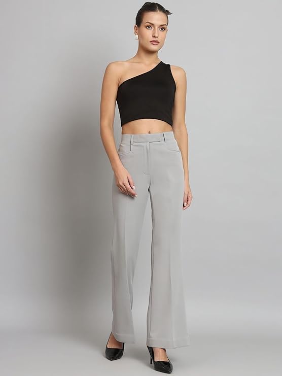 Powersutra Bell Bottom Trouser Pants for Women | Solid Formal Office Wear | Mid Waist | Work Casual Dress | Stretchable Fabric | Grey - Image 3