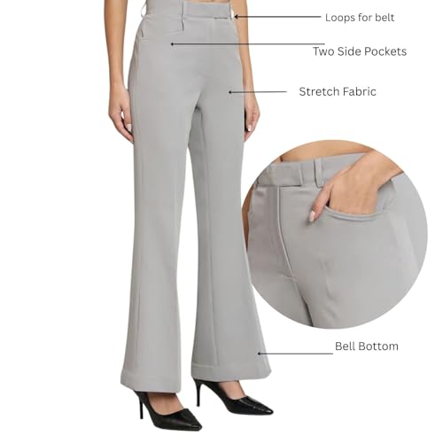 Powersutra Bell Bottom Trouser Pants for Women | Solid Formal Office Wear | Mid Waist | Work Casual Dress | Stretchable Fabric | Grey - Image 4
