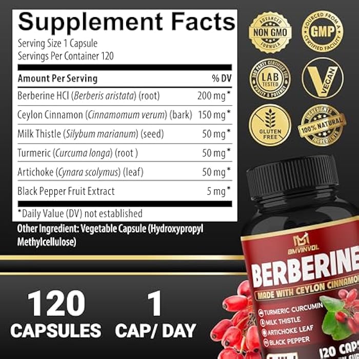 BMVINVOL Berberine, Ceylon Cinnamon, Turmeric, Milk Thistle, Artichoke, Black Pepper - 120 Capsules for Digestion, Immunity [4-Month Supply] - Image 2