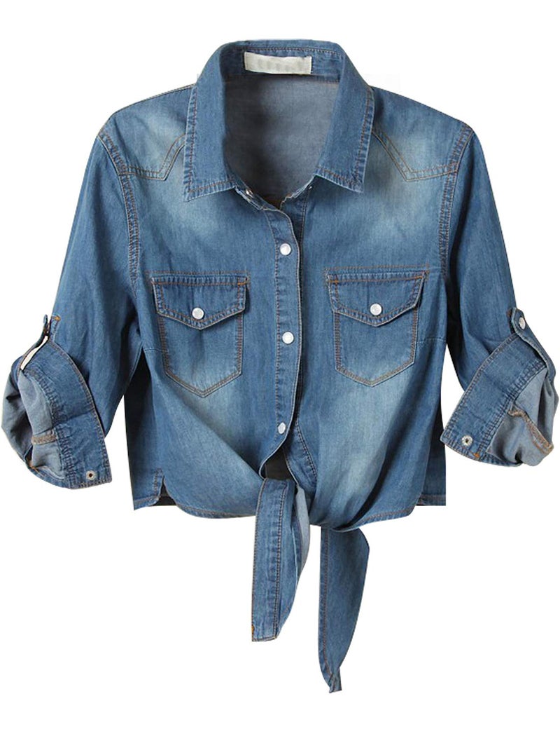 SeekMe Womens Denim Shirts Tie Front Crop Top Button Down Chambray Jean Shirts (0130-DarkBlue-M-QB) - Image 1