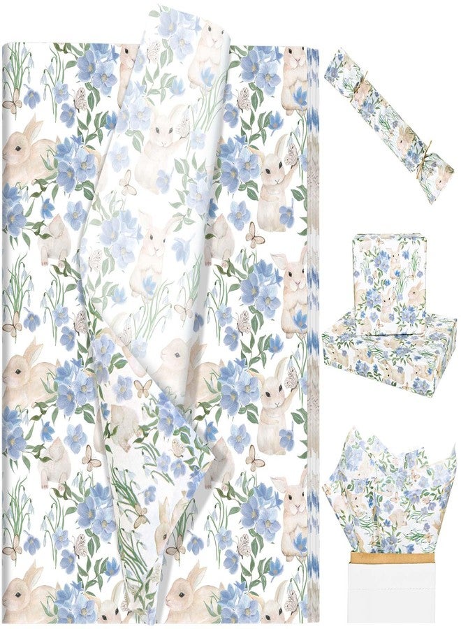 Bolsome 60 Shees Easter Bunny Tissue Paper Blue Floral Rabbit Butterfly Printed Tissue Paper for Gift Wrapping for Spring Holidays Easter Party DIY Craft Supplies, 20 × 14 Inches - Image 1