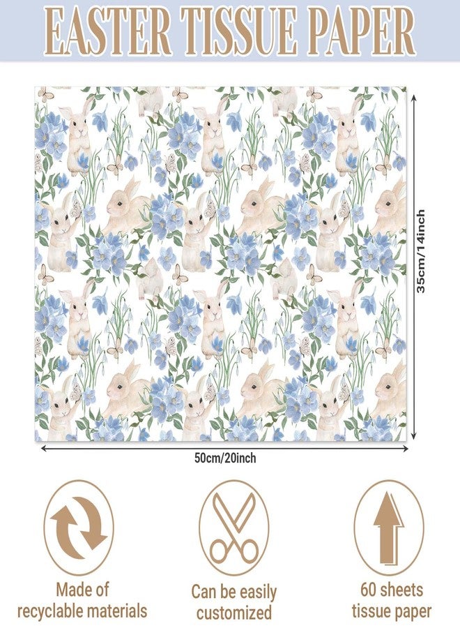 Bolsome 60 Shees Easter Bunny Tissue Paper Blue Floral Rabbit Butterfly Printed Tissue Paper for Gift Wrapping for Spring Holidays Easter Party DIY Craft Supplies, 20 × 14 Inches - Image 2