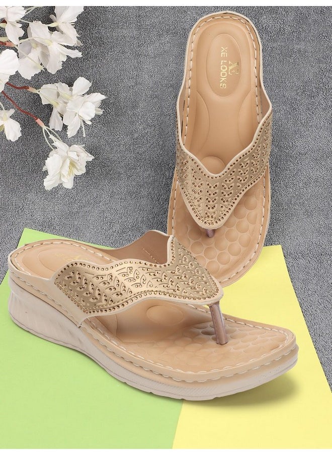 XE Looks - XE Looks Women's Beige Doctor Slippers | Elegant Perforated Design with Cushioned Wedge Sole | Superior Comfortable and Durable Doctor Slipper For Girls & Women - Image 1