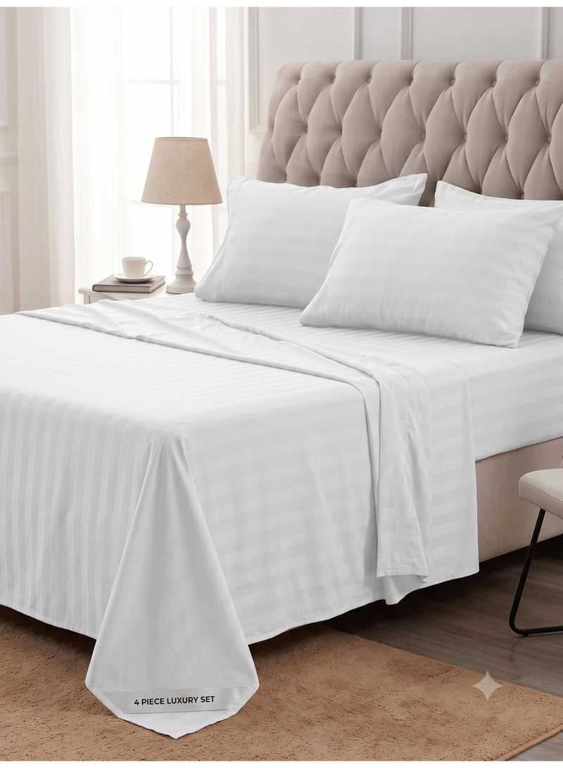 ZEESQUARE Luxury 4-Piece White Striped Bed Sheet Set | Hotel Style Bedding Set with Flat Sheet, Fitted Sheet & 2 Pillow Covers | Soft Breathable Bedding for King, Queen & Single Size Beds - Image 5