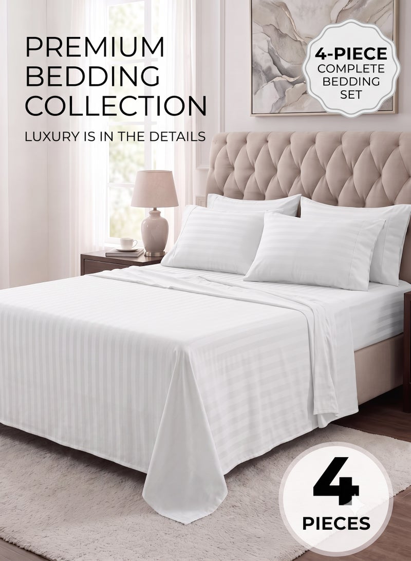 ZEESQUARE Luxury 4-Piece White Striped Bed Sheet Set | Hotel Style Bedding Set with Flat Sheet, Fitted Sheet & 2 Pillow Covers | Soft Breathable Bedding for King, Queen & Single Size Beds - Image 1