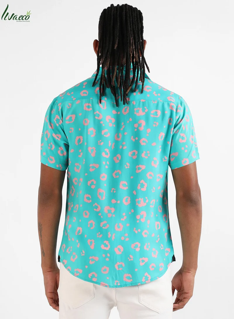 Campus Sutra Men's EcoLiva Cyan Blue Flower Block Shirt