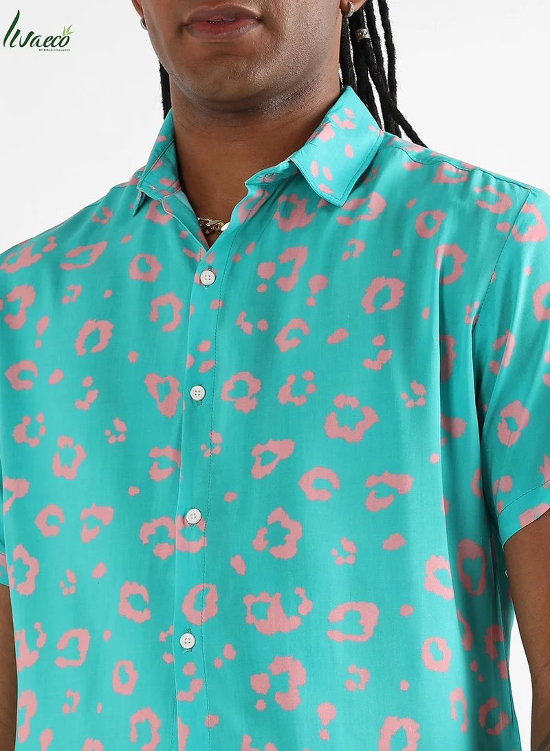 Campus Sutra Men's EcoLiva Cyan Blue Flower Block Shirt