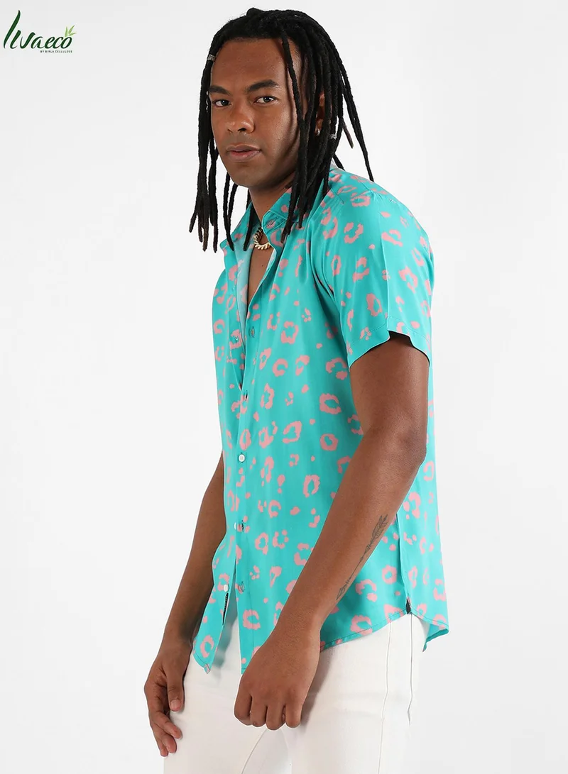 Campus Sutra Men's EcoLiva Cyan Blue Flower Block Shirt
