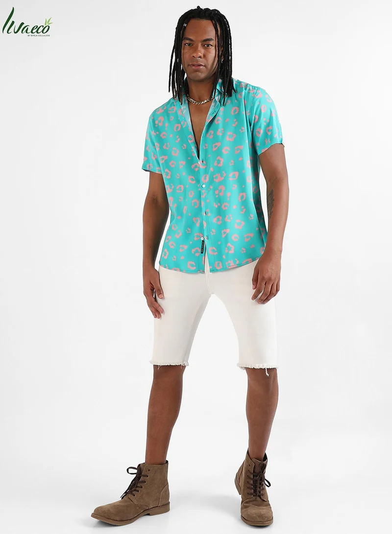 Campus Sutra Men's EcoLiva Cyan Blue Flower Block Shirt