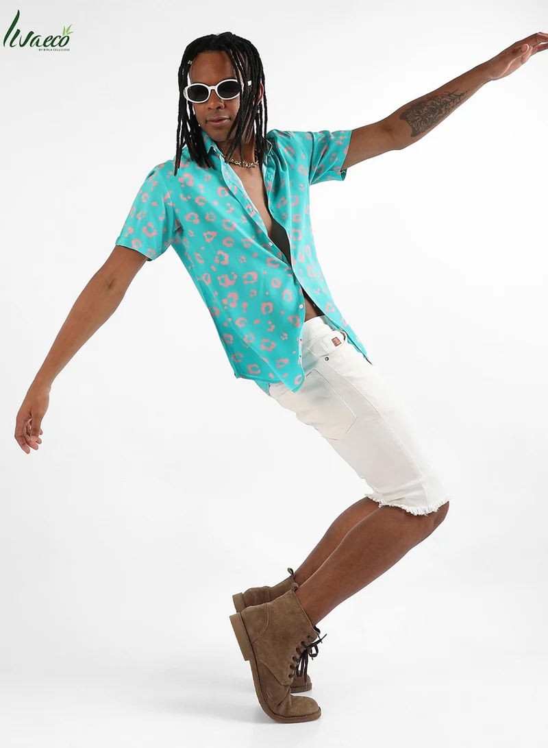 Campus Sutra Men's EcoLiva Cyan Blue Flower Block Shirt