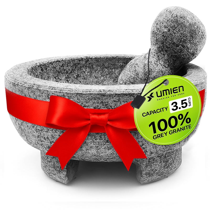 Umien Granite Mortar and Pestle Set - 8-Inch Natural Stone Molcajete with Avocado Tool - 3.5 Cup Capacity for Spices, Herbs, Pestos & Guacamole - Premium Kitchen Gift (Grey) - Image 1