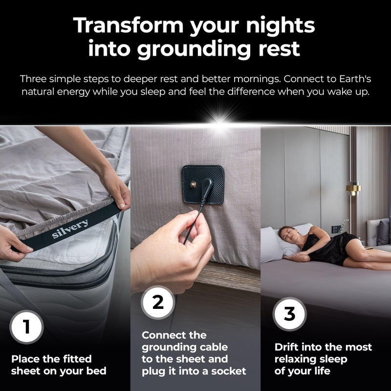 Silvery Silver-Infused Grounding Bed Sheets - Silky-Soft Earthing Fitted Sheet with Grounding Cable & Guide - 90% Lyocell 10% Conductive Silver for Better Sleep - Image 5
