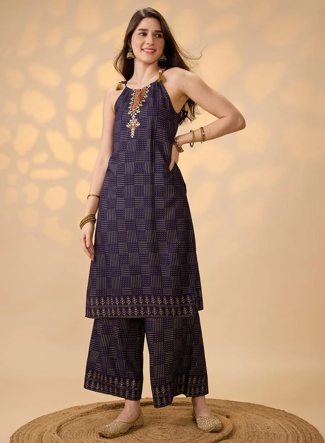 globus Women Navy Blue Embroidered Foil Printed Kurta with Pants Set