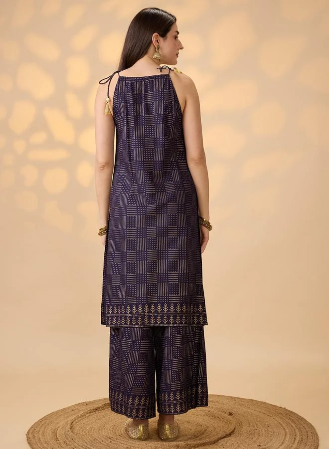 globus  Women Navy Blue Embroidered Foil Printed Kurta with Pants Set for Women | Best Price UAE