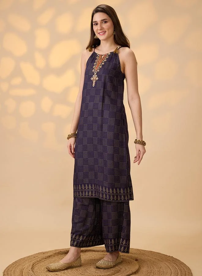 globus Women Navy Blue Embroidered Foil Printed Kurta with Pants Set
