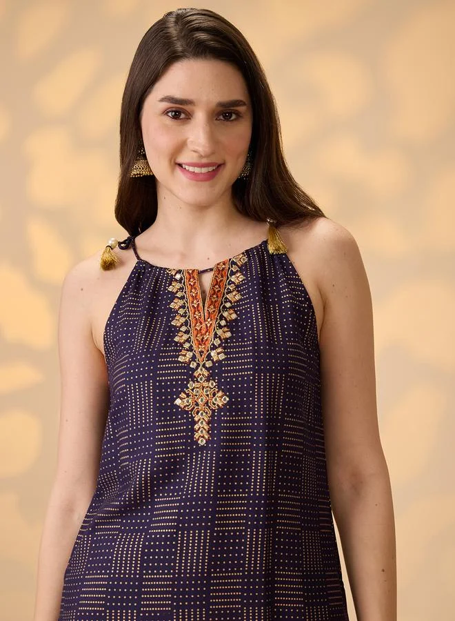 globus  Women Navy Blue Embroidered Foil Printed Kurta with Pants Set for Women | Best Price UAE
