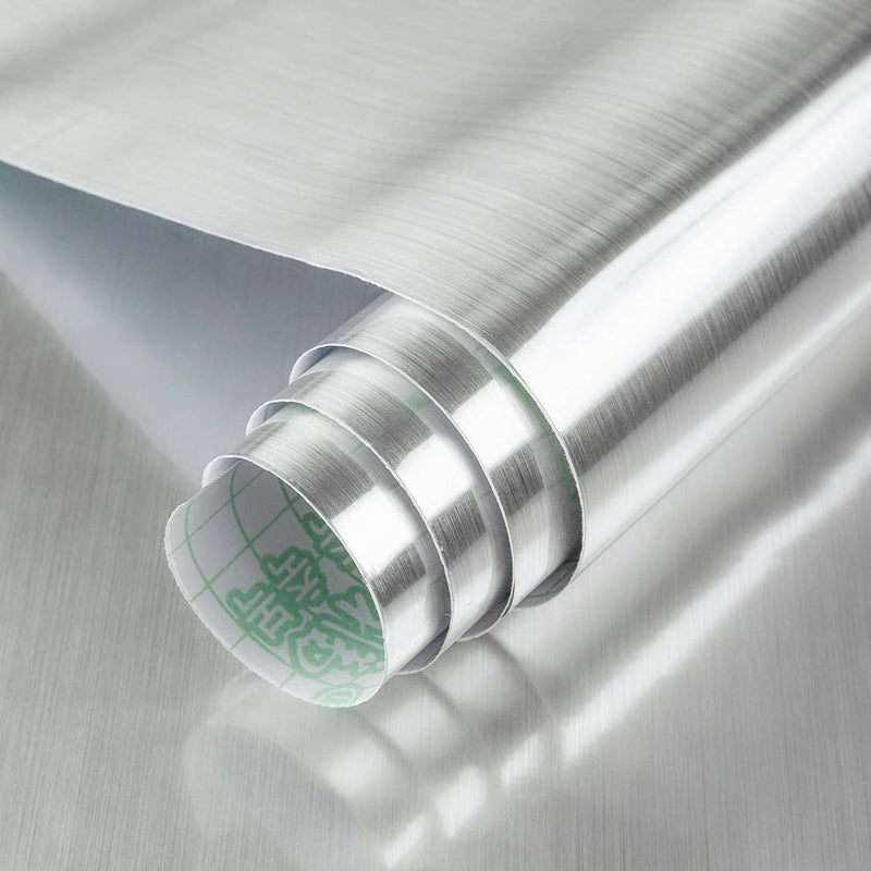 BAYYA ورق تغطية من نوع Silver Contact Paper للاستخدام على الثلاجات وغسالات الأطباق: ذو قوام سميك، مصنوع من الفولاذ المقاوم للصدأ، يوفر ملمسًا معدنيًا رائعًا، مقاومًا للماء والزيت، سهل التطبيق والإزالة. مناسب لأسطح المطابخ، غسالات الأطباق، الثلاجات، وأغراض الديكور الأخرى. - Image 1