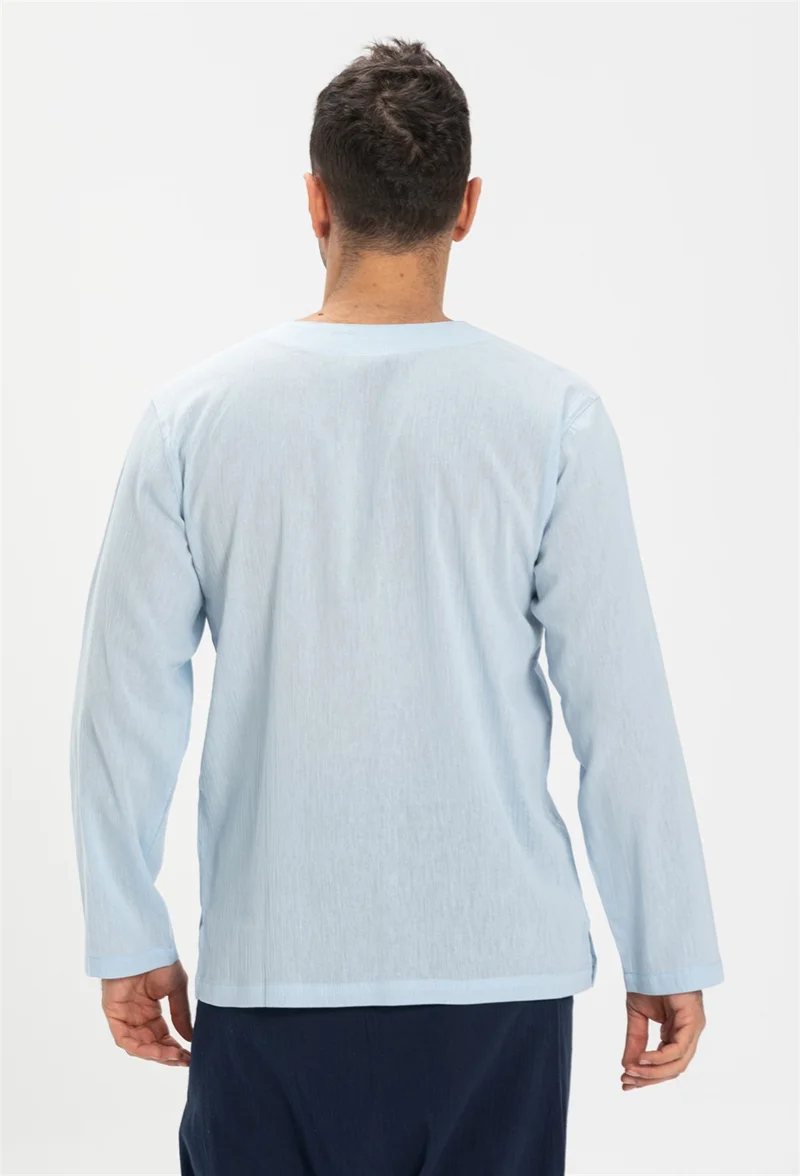 Eliş Şile Bezi Uzun Kol Şile Bezi Zımbalı Erkek Tshirt Buz Mavi 3027