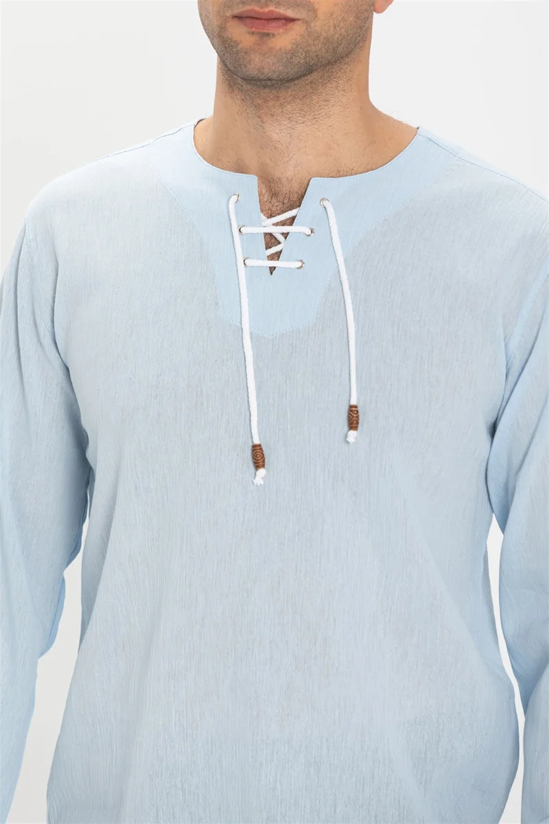 Eliş Şile Bezi Uzun Kol Şile Bezi Zımbalı Erkek Tshirt Buz Mavi 3027