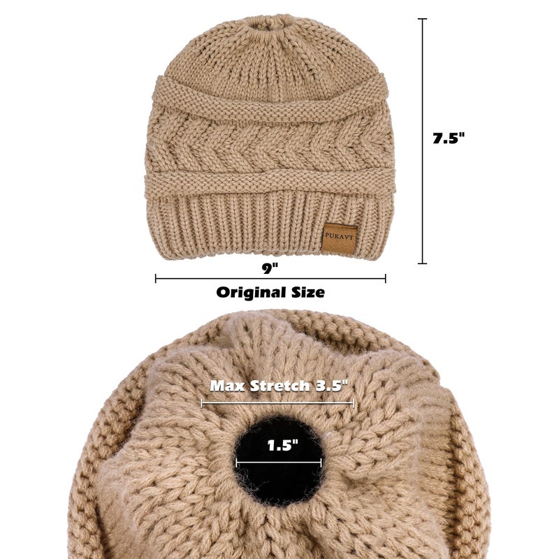 Pukavt 1 Pack Winter Hat Ponytail Beanie Hat for Women, Soft Stretch Cable Knit Messy Bun Beanie,Trendy and Warm Brown - Image 4