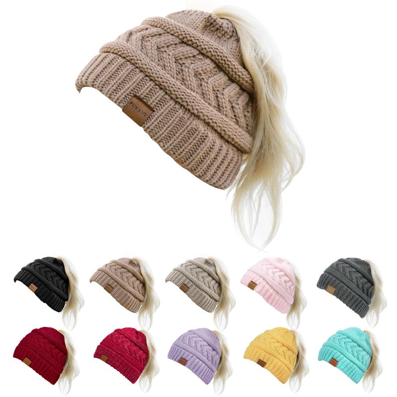Pukavt 1 Pack Winter Hat Ponytail Beanie Hat for Women, Soft Stretch Cable Knit Messy Bun Beanie,Trendy and Warm Brown - Image 1