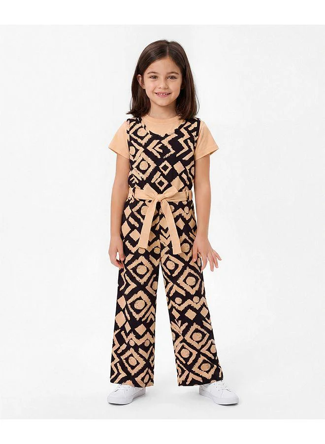 Ollington St. Ollington St. Cotton Knit Printed Dungaree & Half Sleeves Inner Top & Belt - Brown/Black