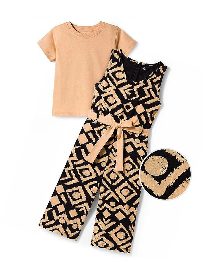 Ollington St. Ollington St. Cotton Knit Printed Dungaree & Half Sleeves Inner Top & Belt - Brown/Black