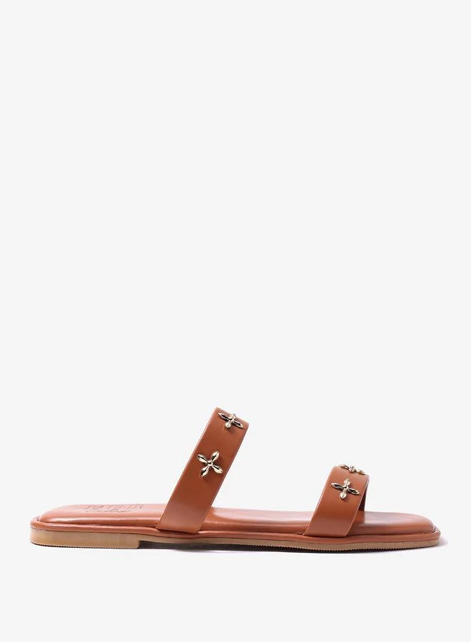 Pair-Ie Tales Tan Double Strap Sandals with Metal Adornment