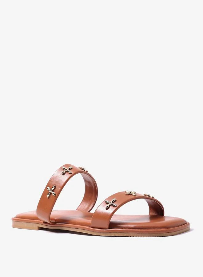 Pair-Ie Tales Tan Double Strap Sandals with Metal Adornment